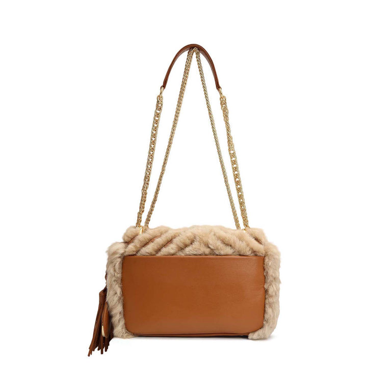 Small Fur Plain Leather Shoulder Bag - Beige