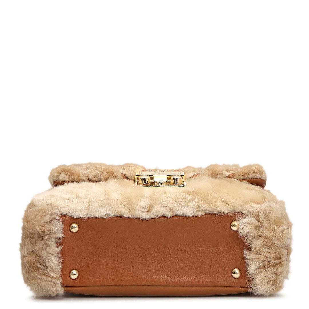 Small Fur Plain Leather Shoulder Bag - Beige