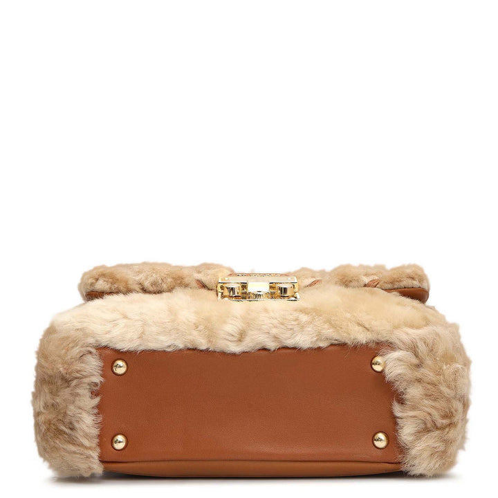 Small Fur Plain Leather Shoulder Bag - Beige
