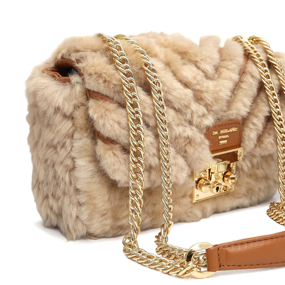 Small Fur Plain Leather Shoulder Bag - Beige