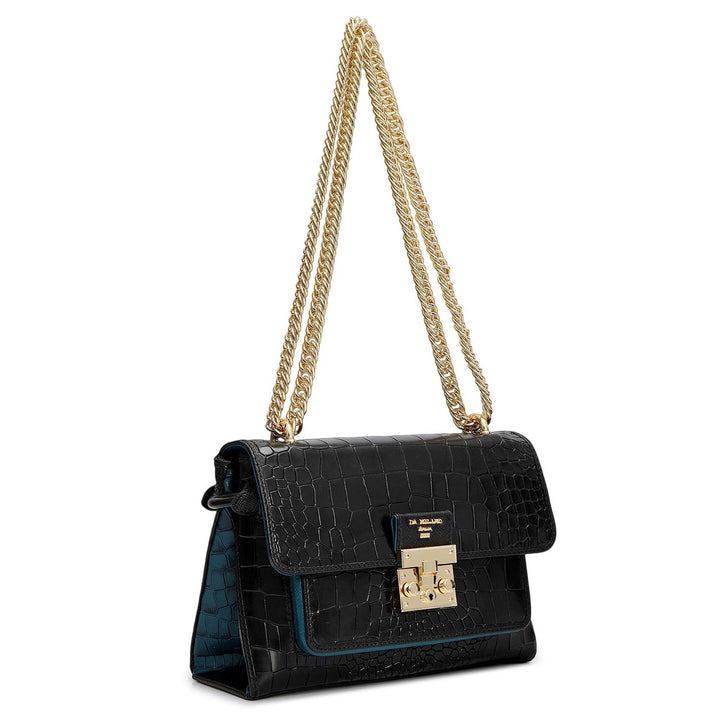 Small Croco Leather Shoulder Bag - Black