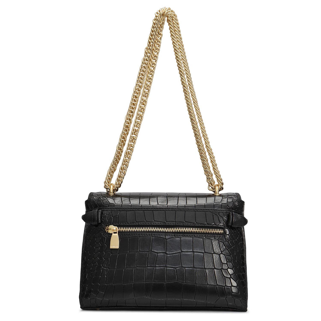 Small Croco Leather Shoulder Bag - Black