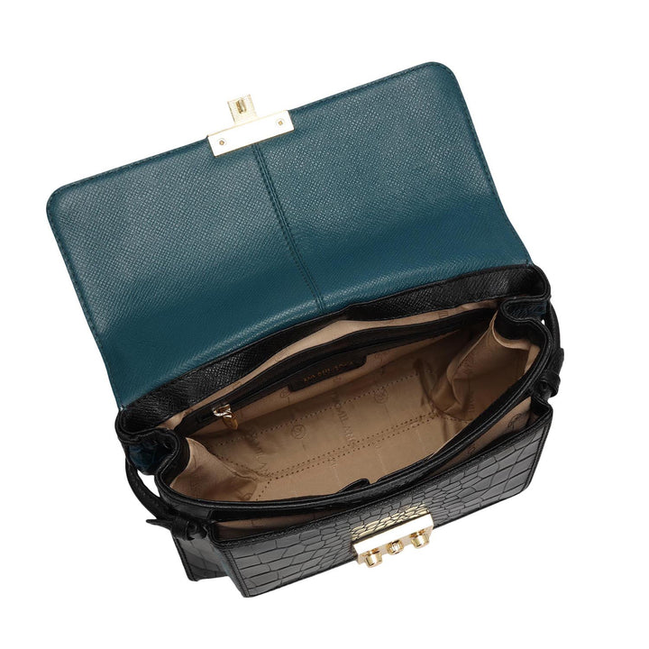 Small Croco Leather Shoulder Bag - Black