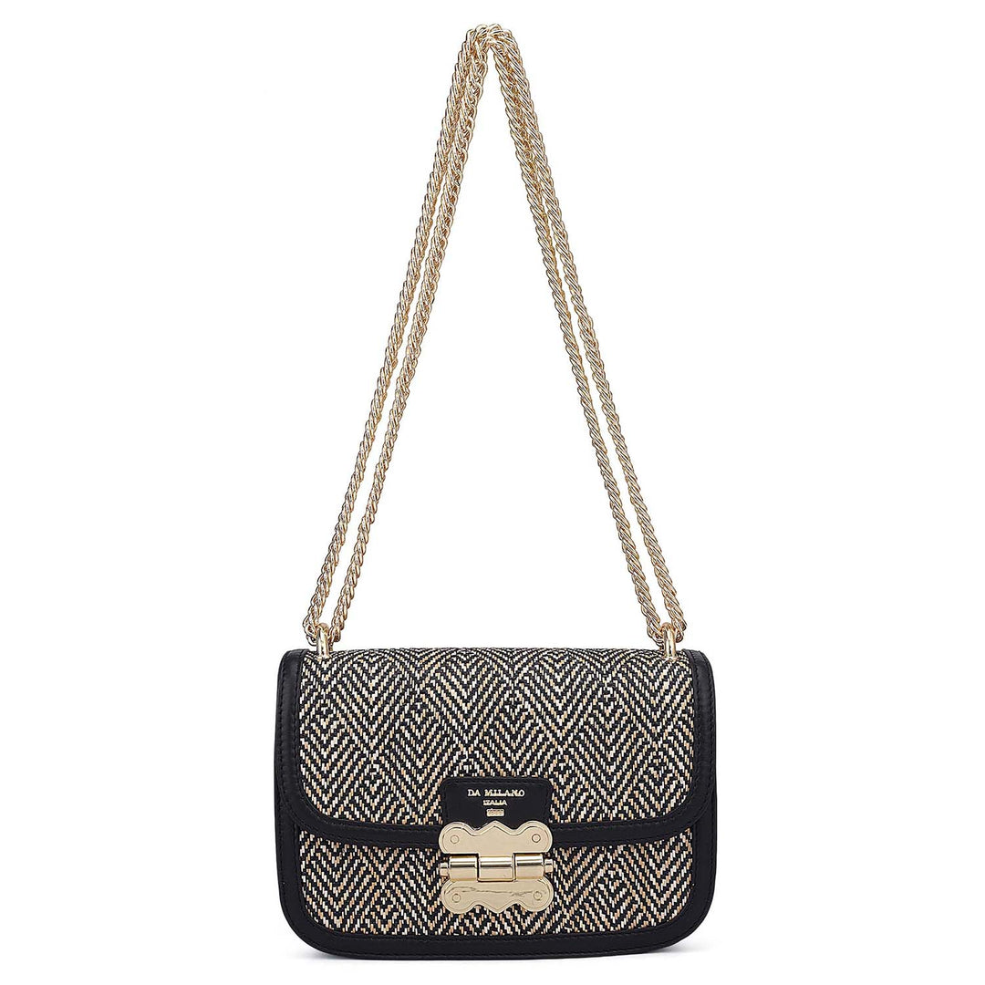 Small Canvas Plain Leather Shoulder Bag - Beige & Black
