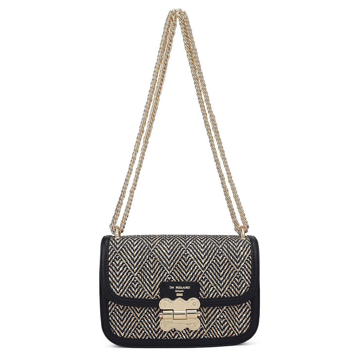 Small Canvas Plain Leather Shoulder Bag - Beige & Black