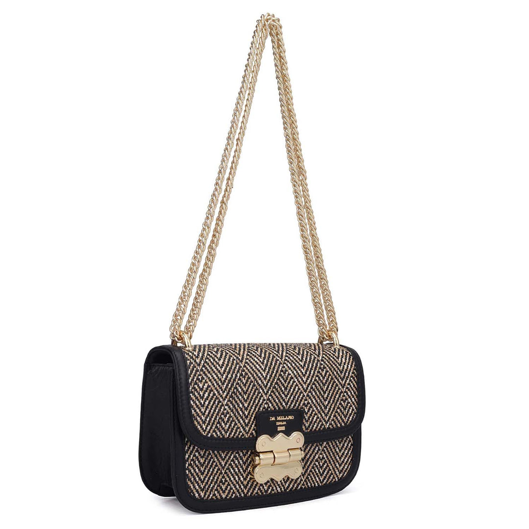 Small Canvas Plain Leather Shoulder Bag - Beige & Black