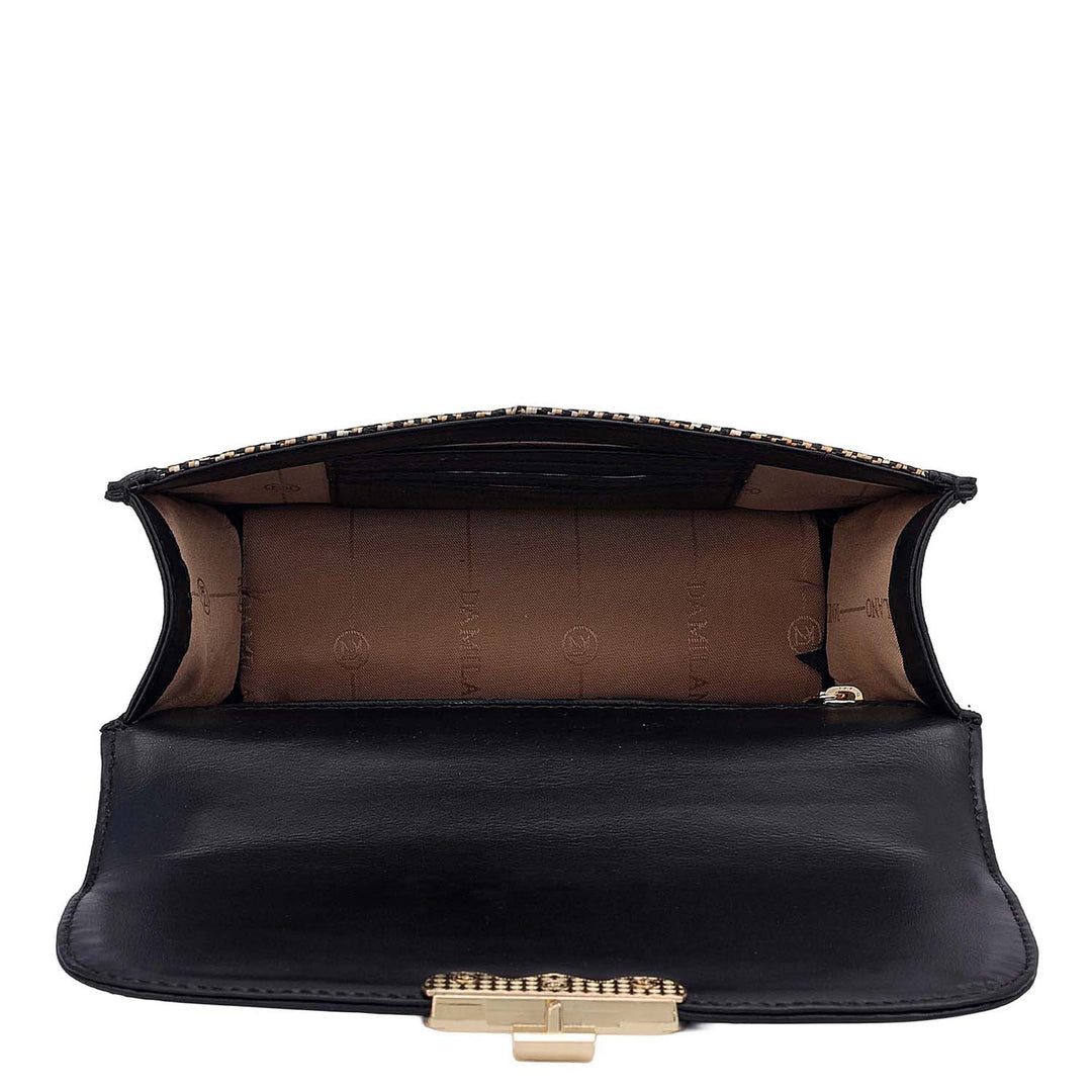 Small Canvas Plain Leather Shoulder Bag - Beige & Black