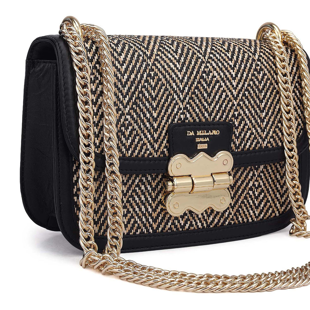 Small Canvas Plain Leather Shoulder Bag - Beige & Black