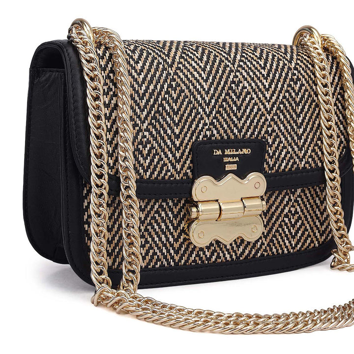 Small Canvas Plain Leather Shoulder Bag - Beige & Black