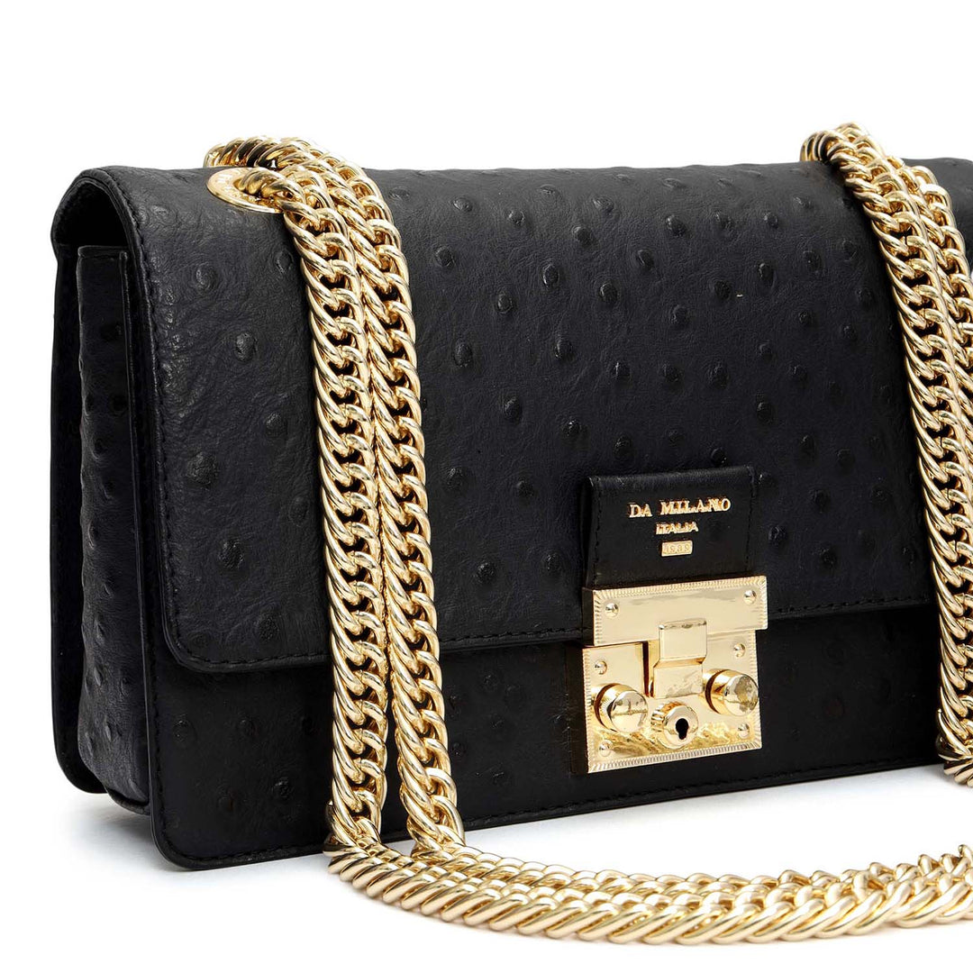 Small Ostrich Leather Shoulder Bag - Black