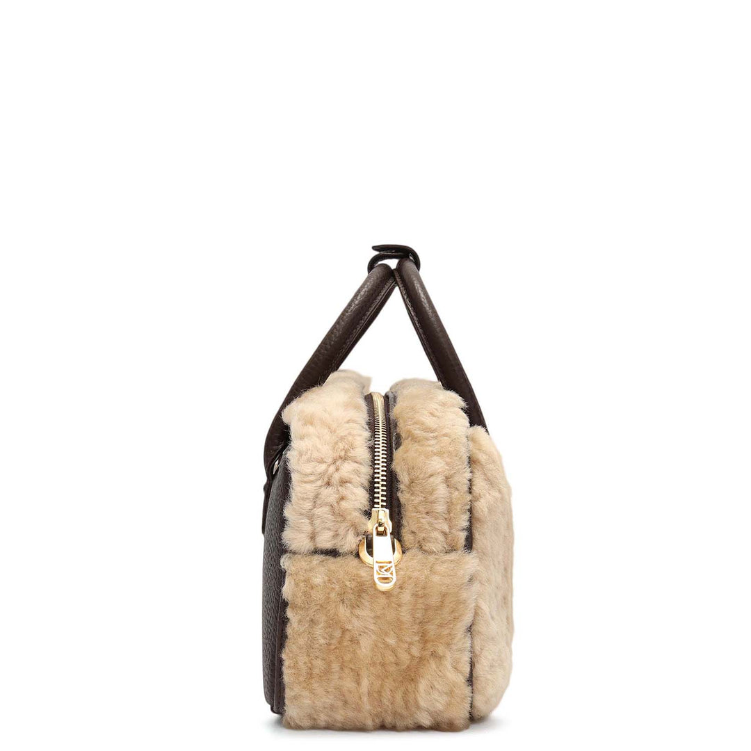 Small Fur Wax Leather Sling - Beige