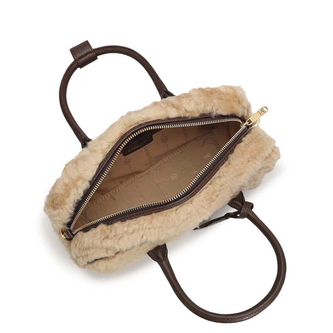 Small Fur Wax Leather Sling - Beige