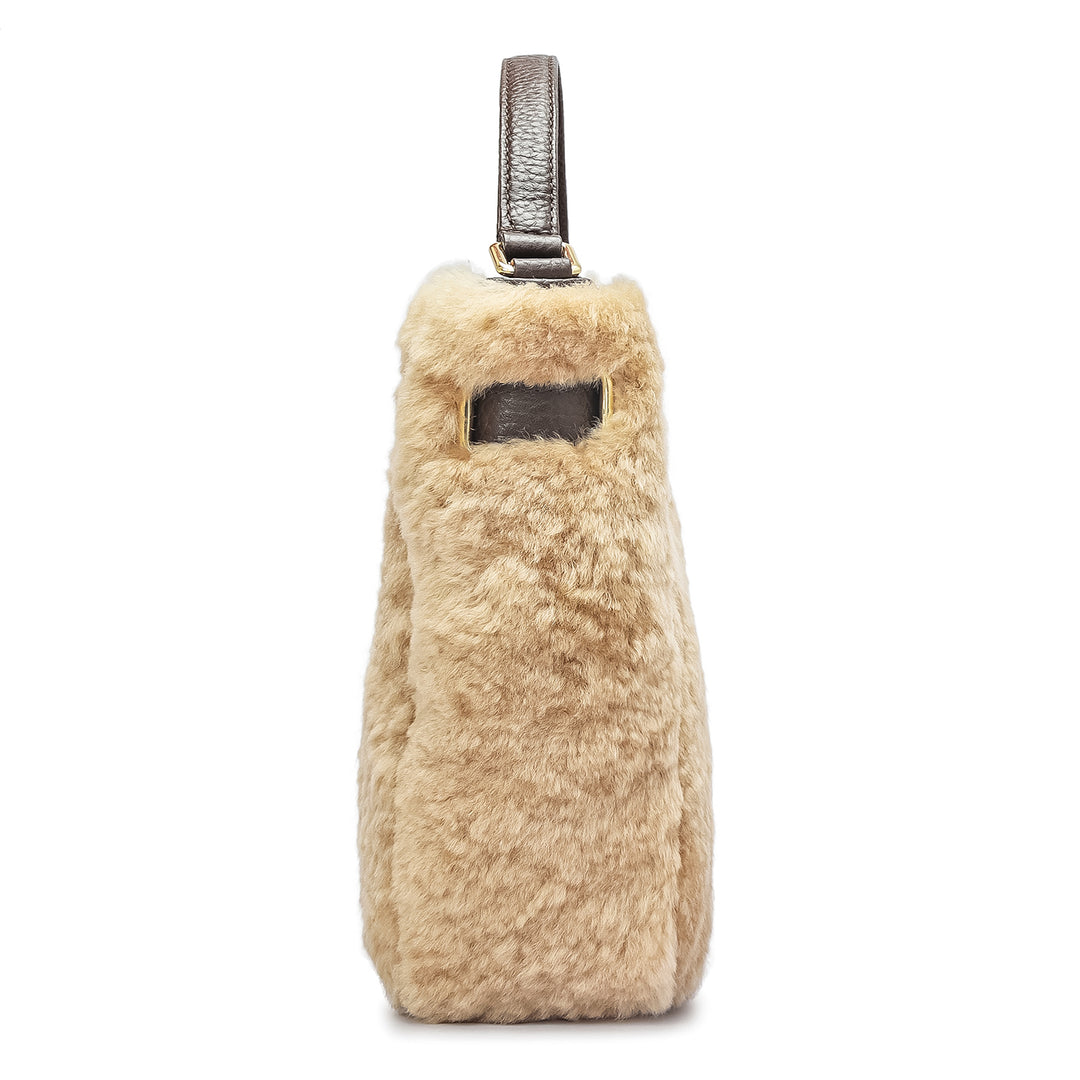 Small Fur Leather Satchel - Beige