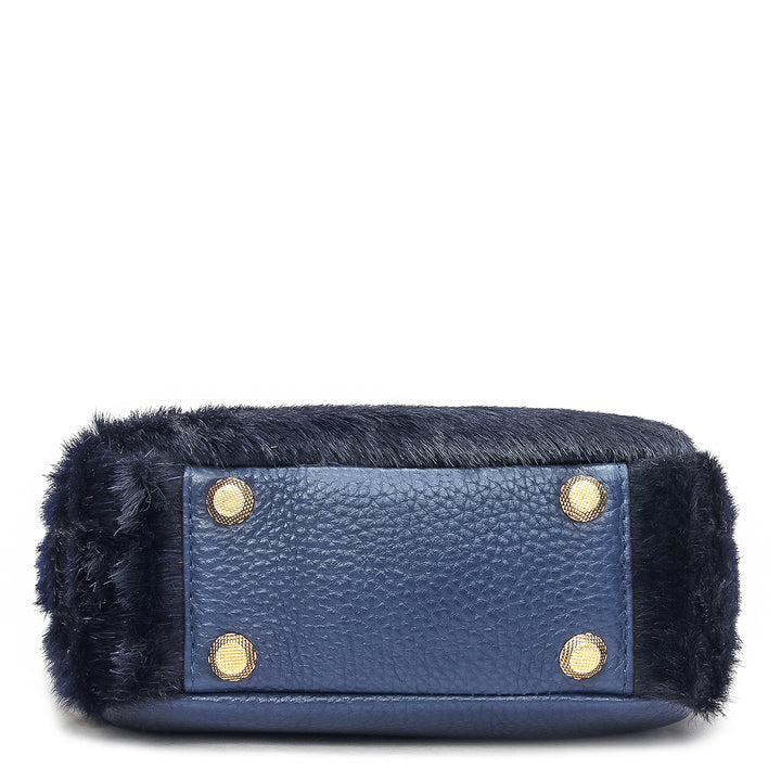 Small Fur Wax Leather Satchel - Ink Blue