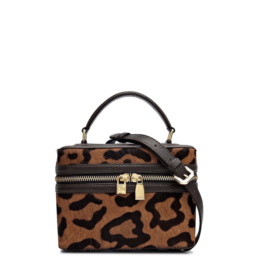 Small Fur Wax Leather Satchel - Beige & Brown