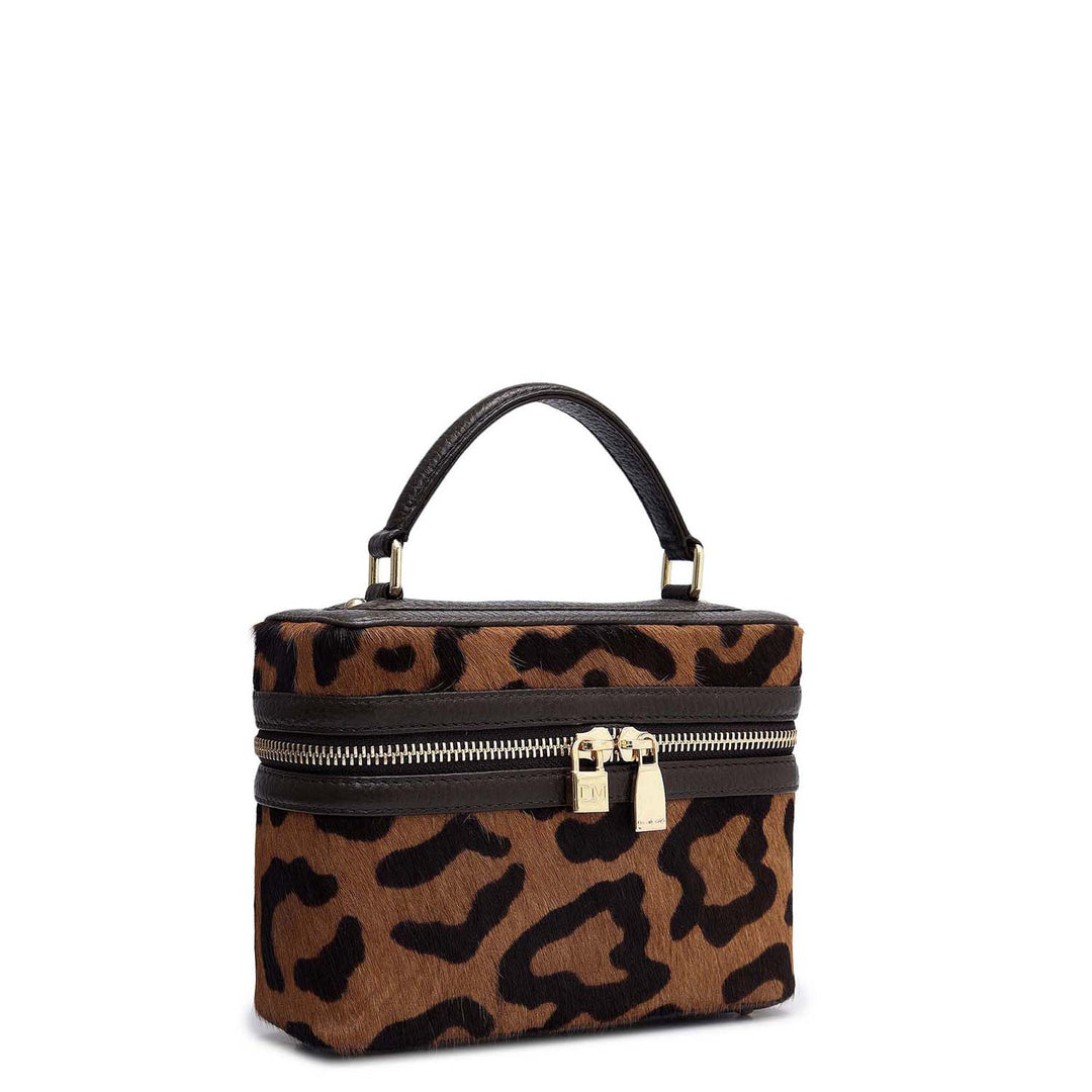 Small Fur Wax Leather Satchel - Beige & Brown