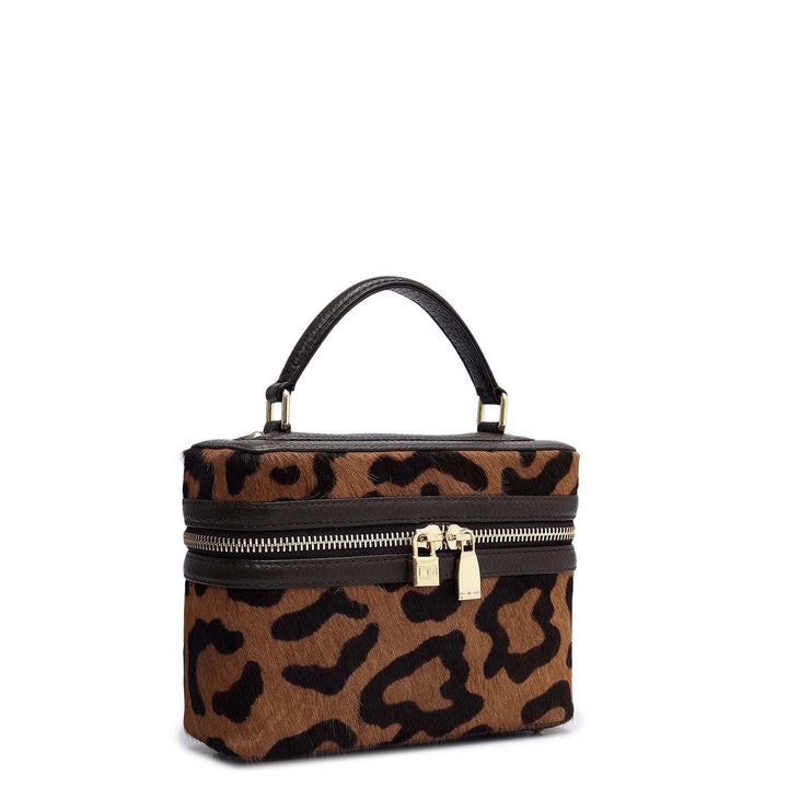 Small Fur Wax Leather Satchel - Beige & Brown