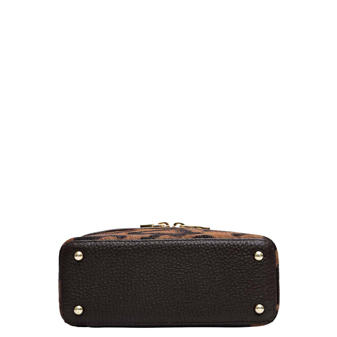 Small Fur Wax Leather Satchel - Beige & Brown