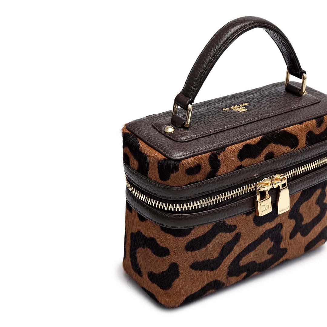 Small Fur Wax Leather Satchel - Beige & Brown