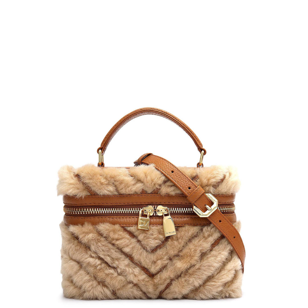 Small Fur Wax Leather Satchel - Beige & Cognac