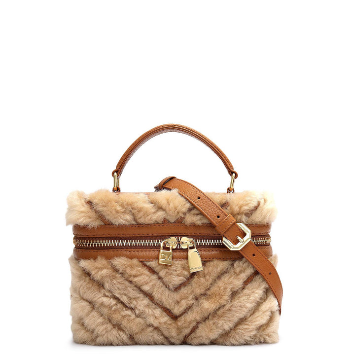Small Fur Wax Leather Satchel - Beige & Cognac