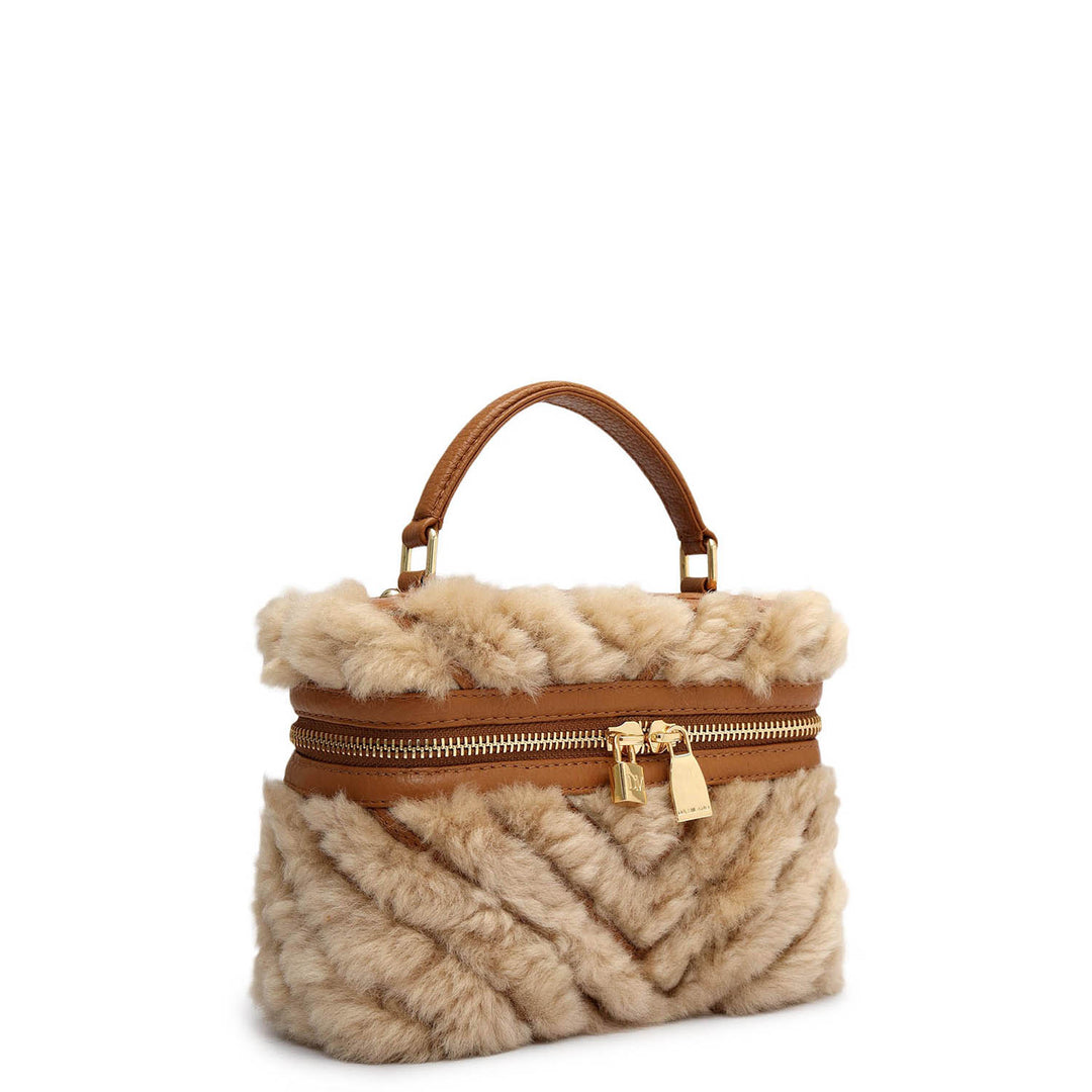 Small Fur Wax Leather Satchel - Beige & Cognac
