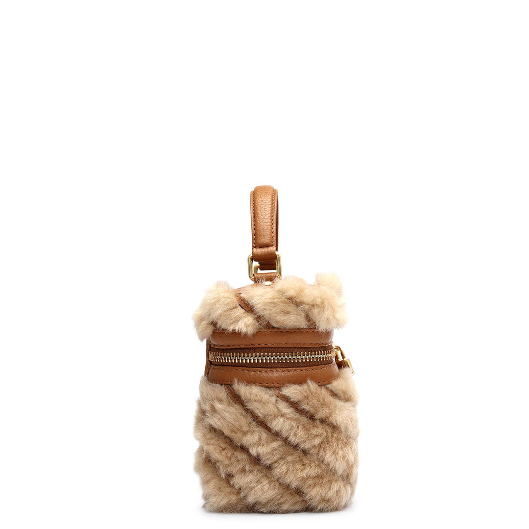 Small Fur Wax Leather Satchel - Beige & Cognac