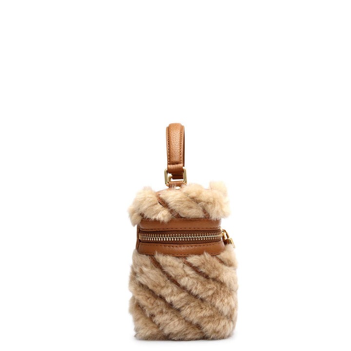 Small Fur Wax Leather Satchel - Beige & Cognac