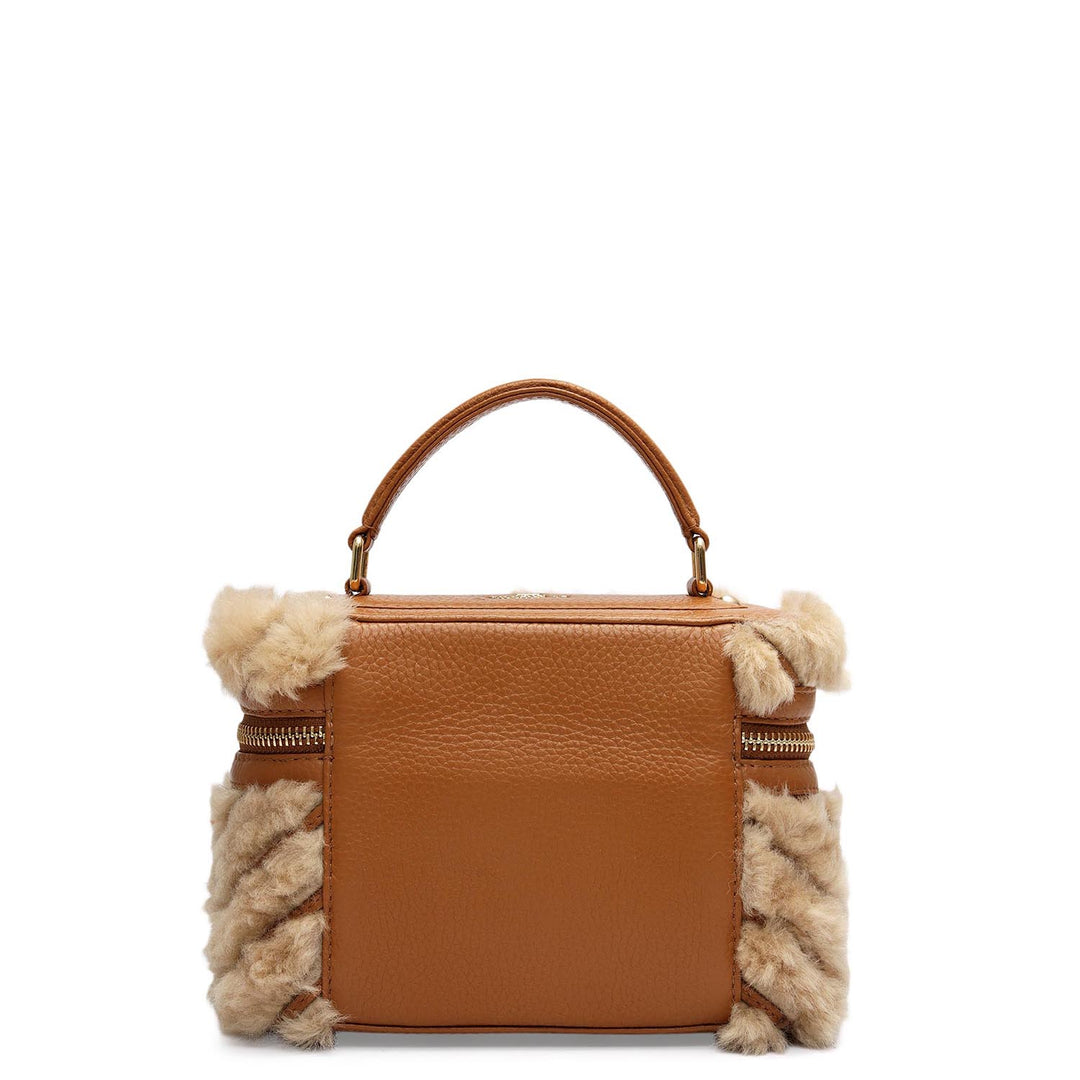 Small Fur Wax Leather Satchel - Beige & Cognac