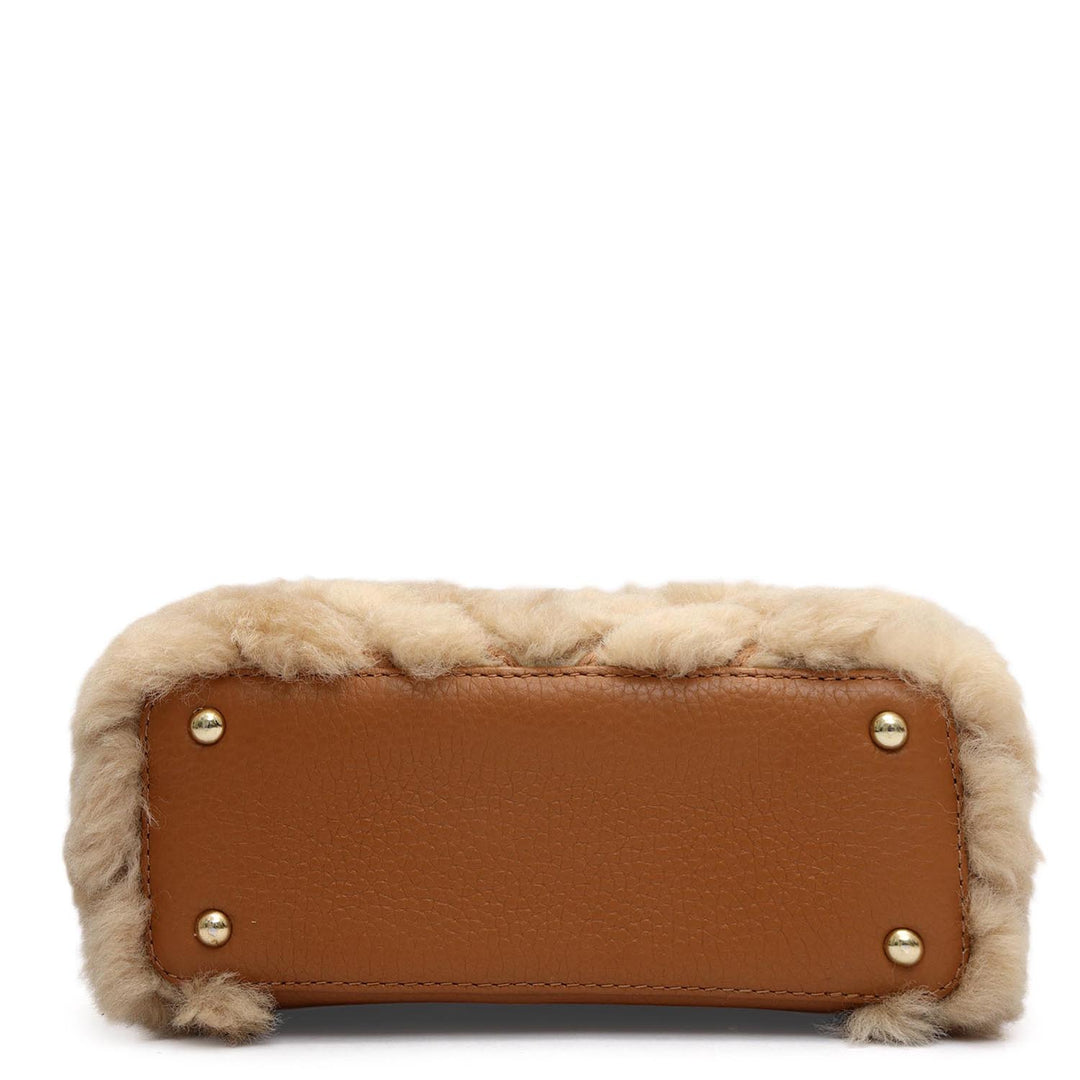 Small Fur Wax Leather Satchel - Beige & Cognac