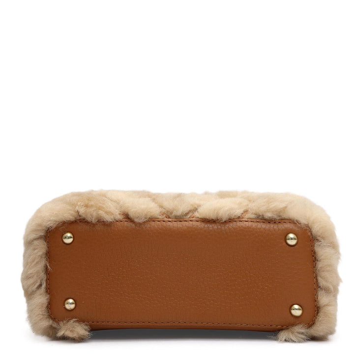 Small Fur Wax Leather Satchel - Beige & Cognac