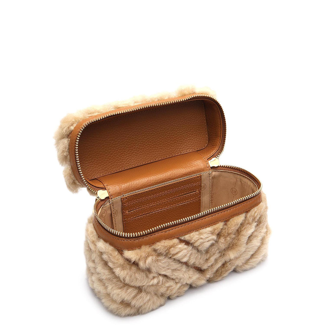 Small Fur Wax Leather Satchel - Beige & Cognac
