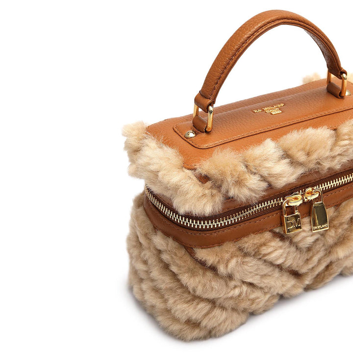 Small Fur Wax Leather Satchel - Beige & Cognac