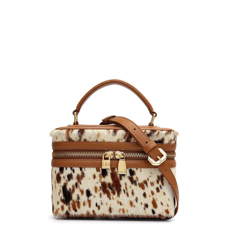 Small Fur Wax Leather Satchel - Off White & Cognac