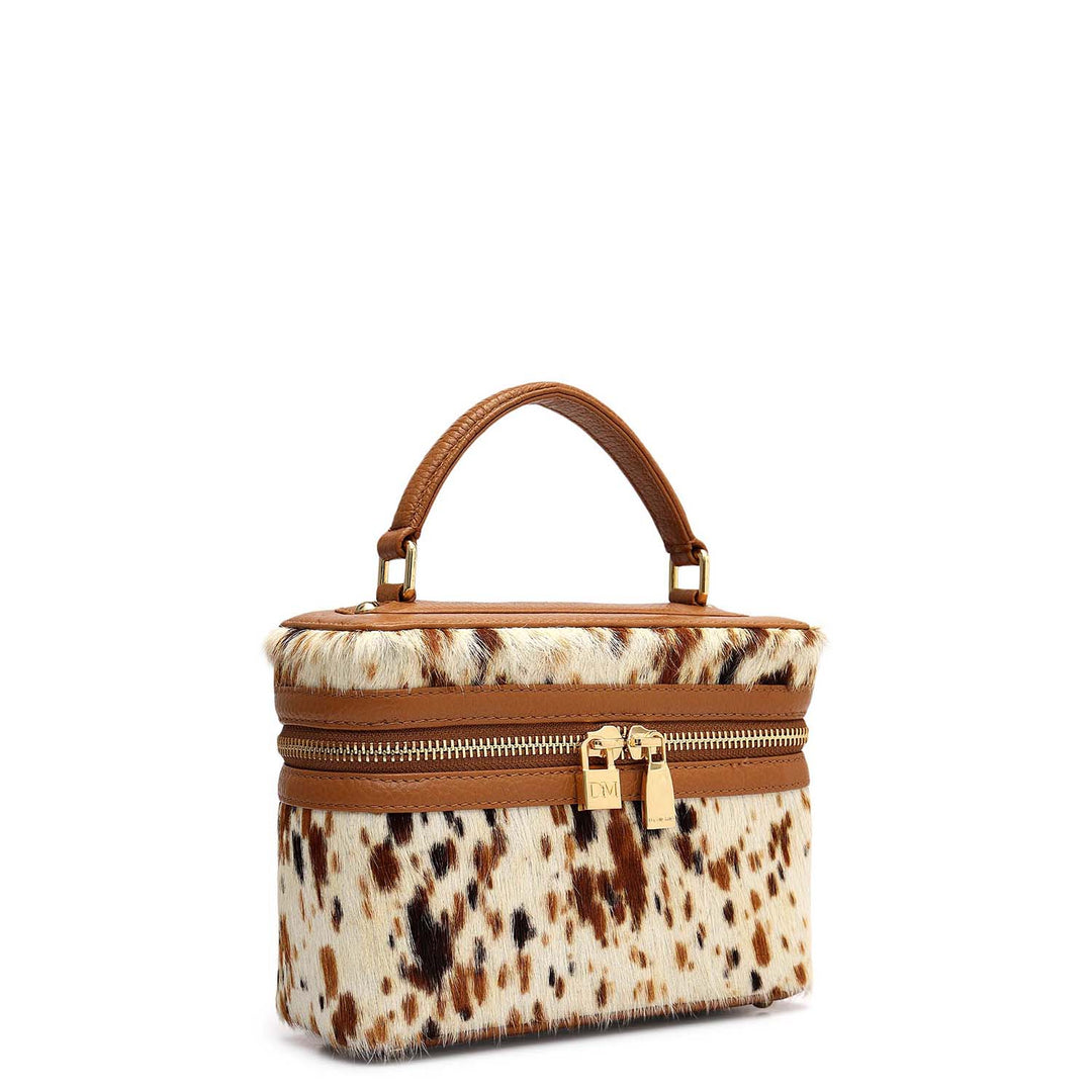 Small Fur Wax Leather Satchel - Off White & Cognac