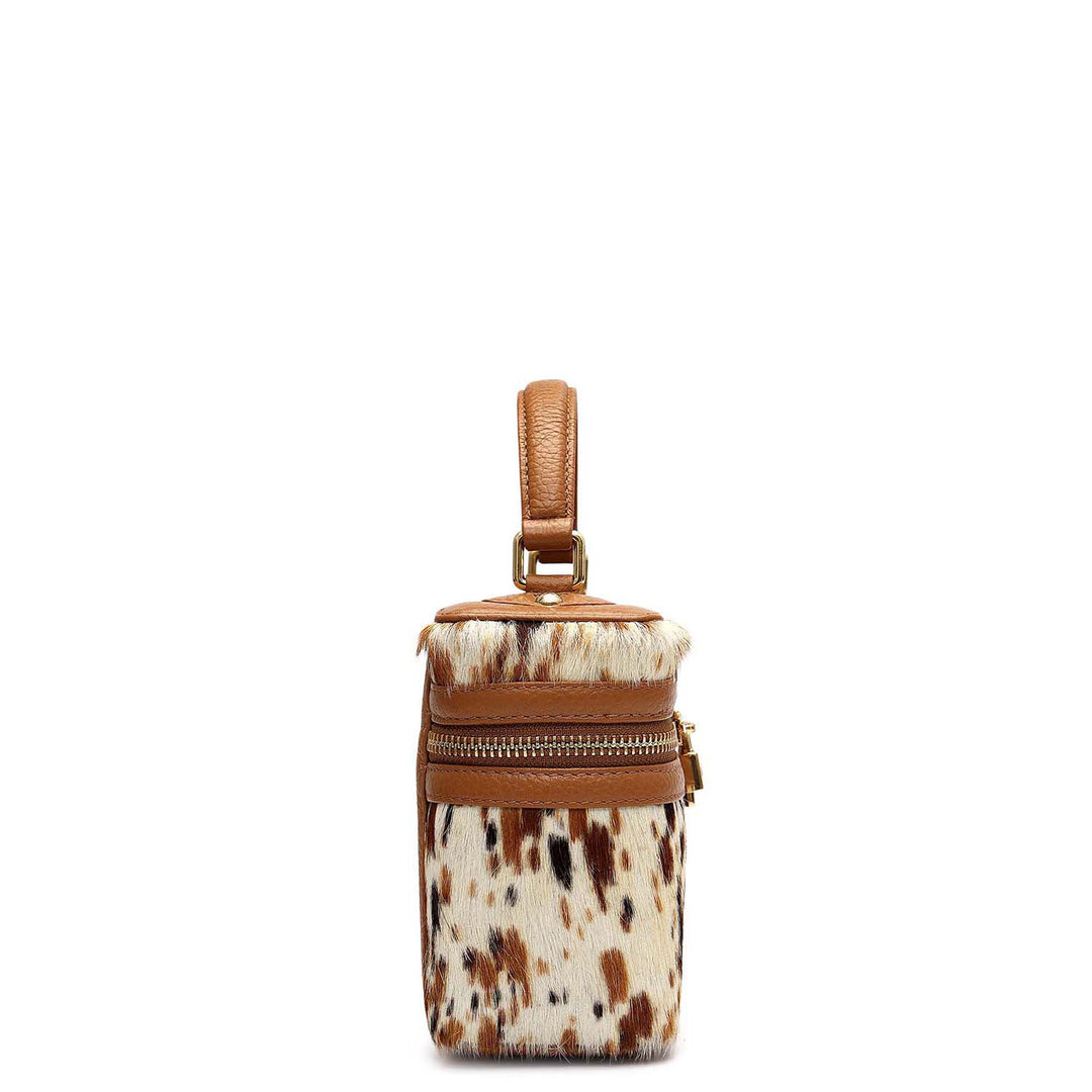 Small Fur Wax Leather Satchel - Off White & Cognac
