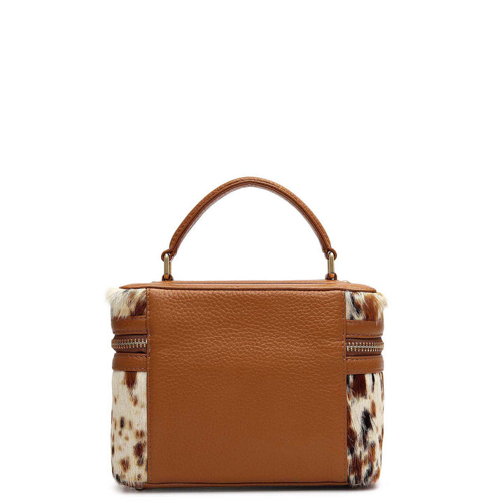 Small Fur Wax Leather Satchel - Off White & Cognac