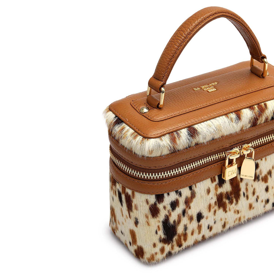 Small Fur Wax Leather Satchel - Off White & Cognac