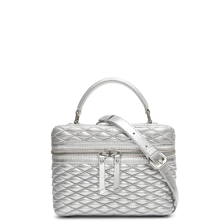 Small Quilting Plain Leather Satchel - Silver