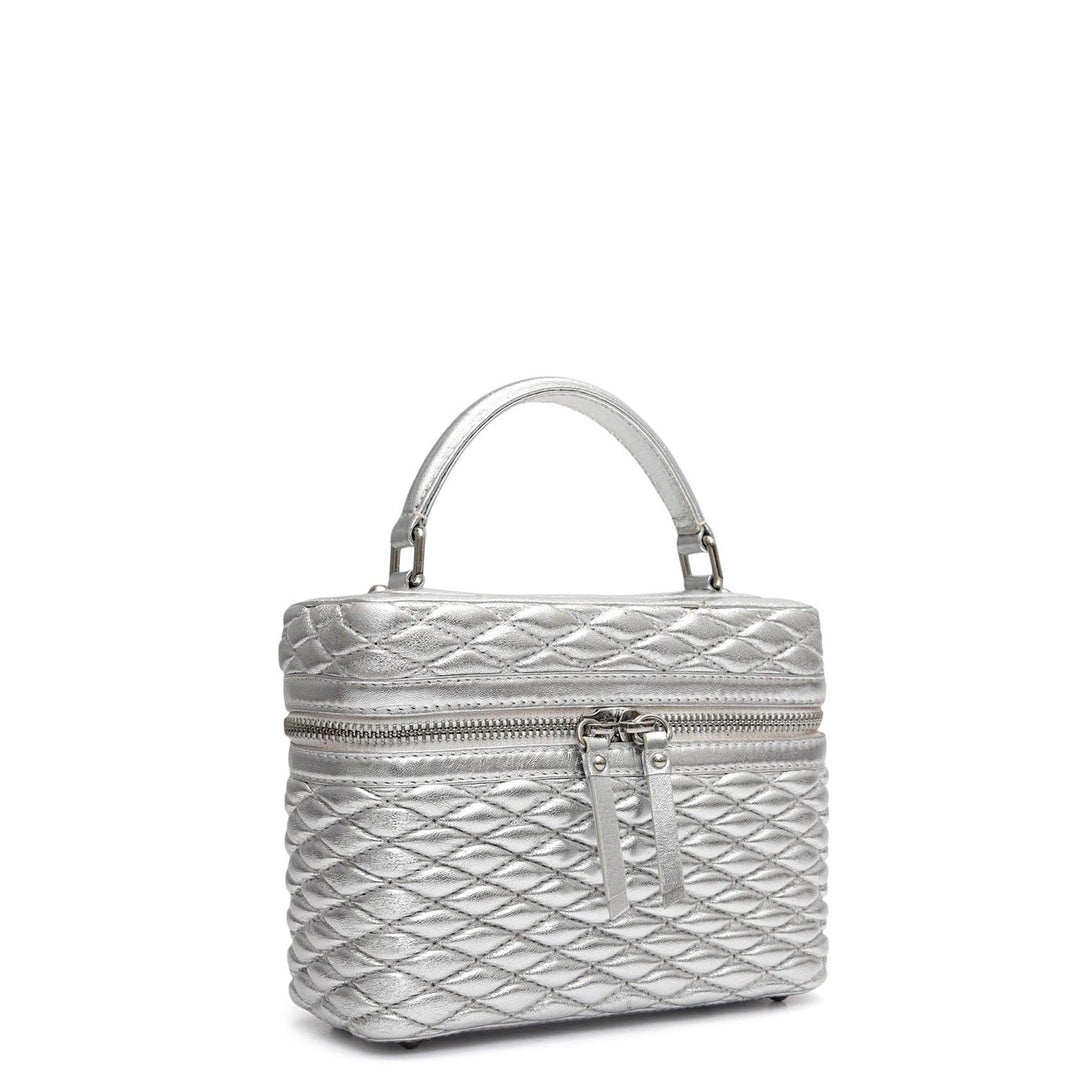Small Quilting Plain Leather Satchel - Silver