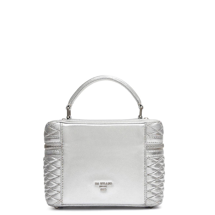 Small Quilting Plain Leather Satchel - Silver