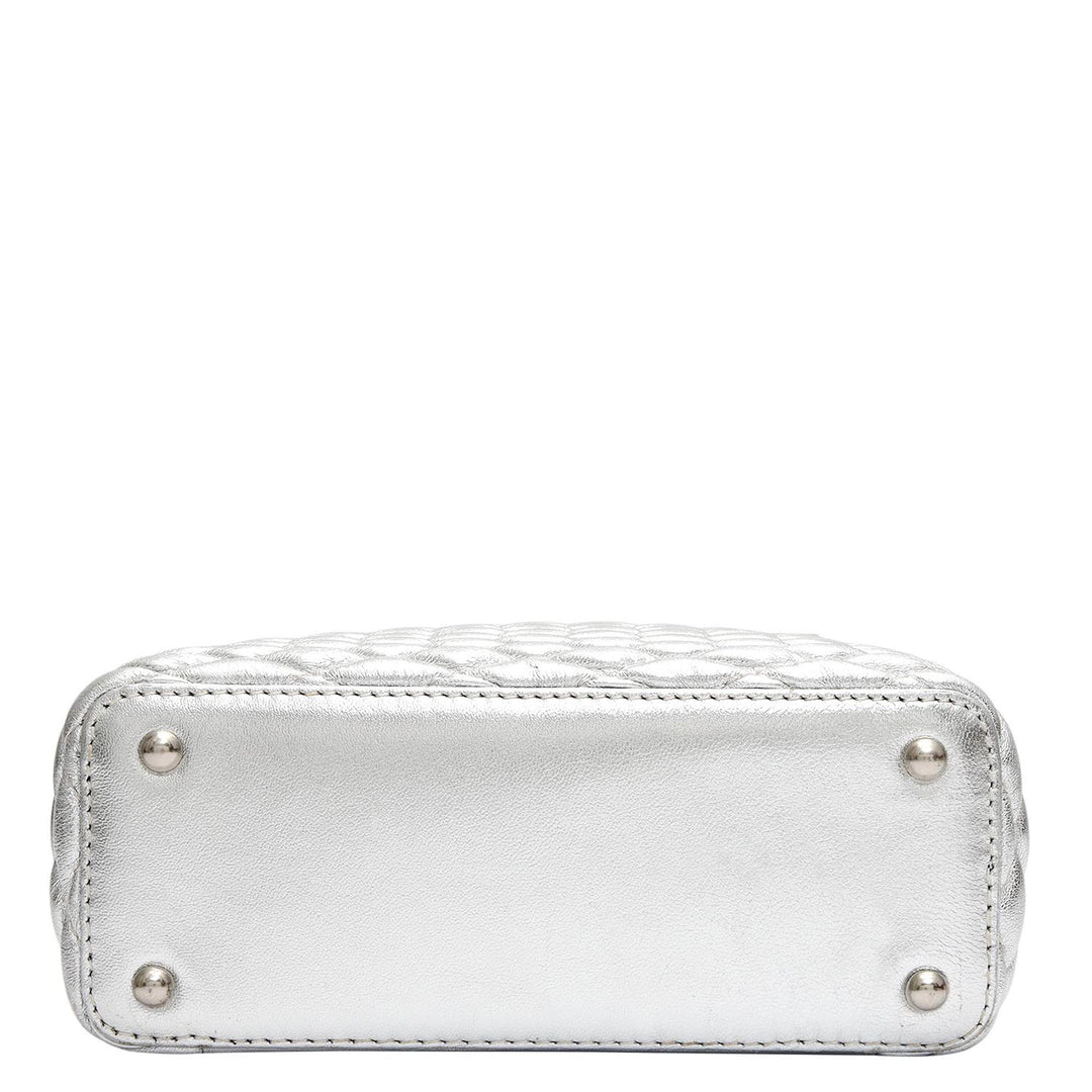 Small Quilting Plain Leather Satchel - Silver