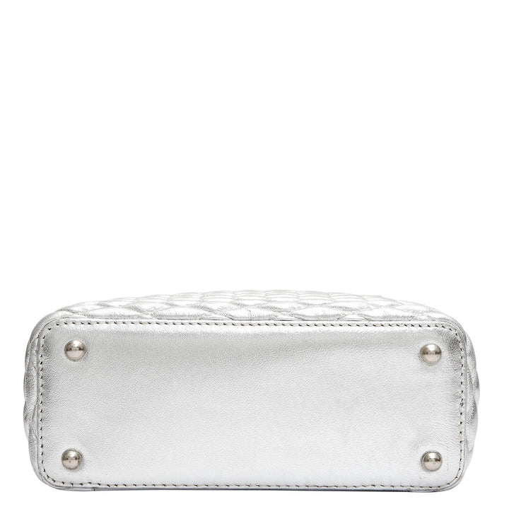 Small Quilting Plain Leather Satchel - Silver