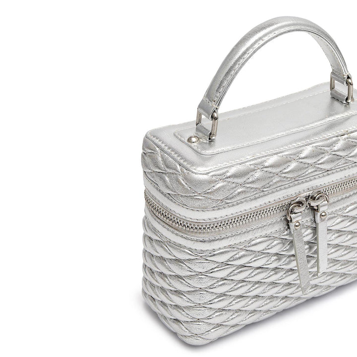 Small Quilting Plain Leather Satchel - Silver