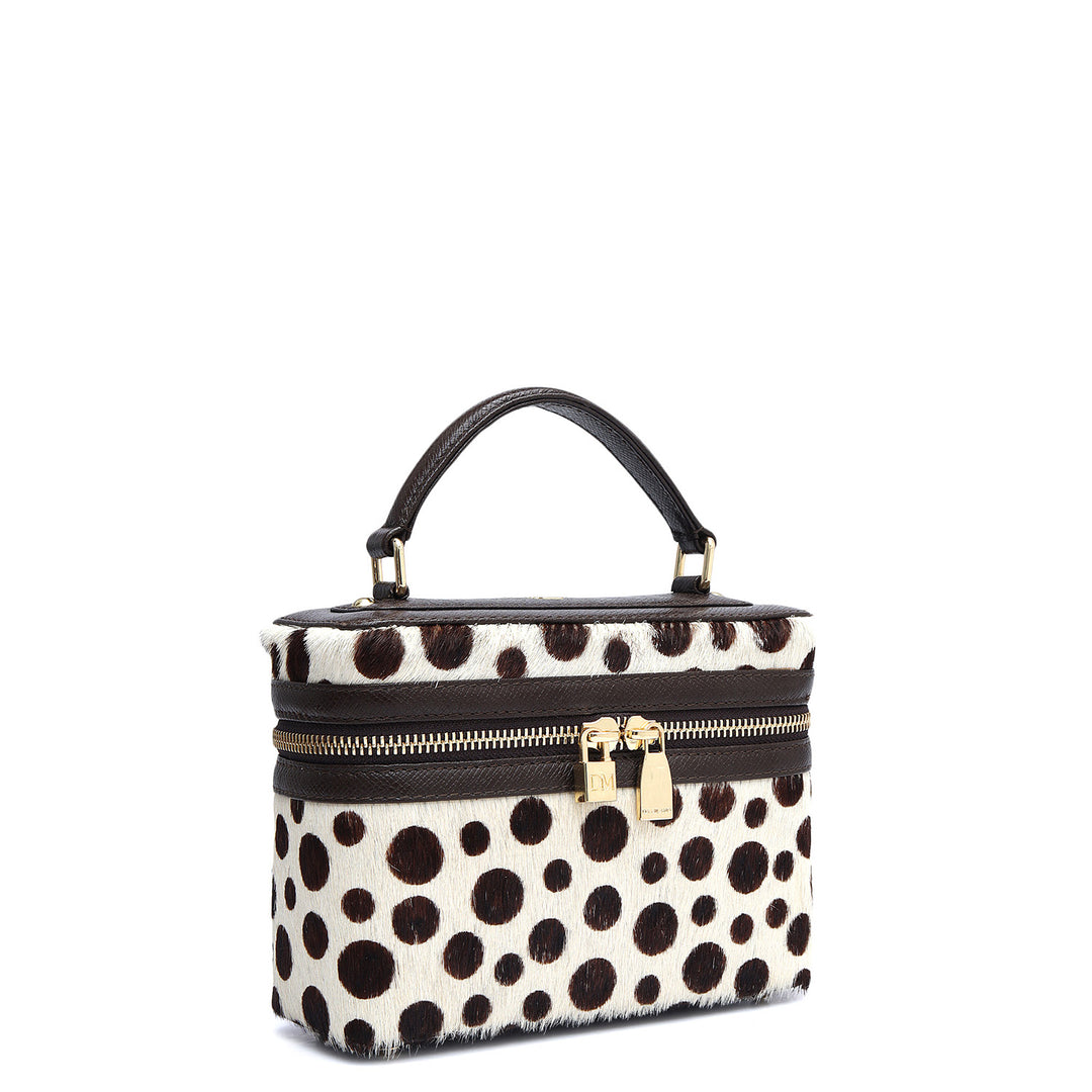 Small Fur Franzy Leather Satchel - White & Brown