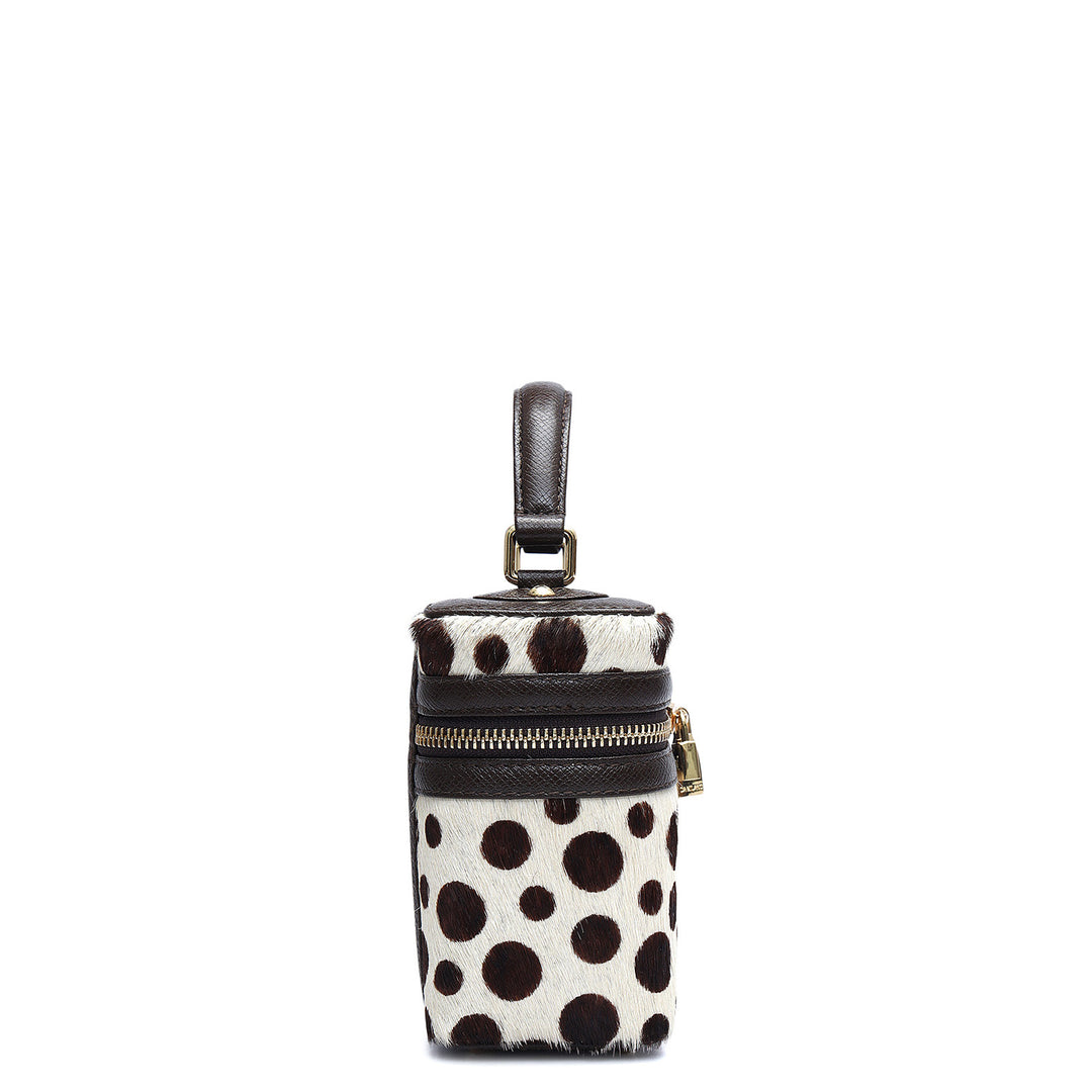Small Fur Franzy Leather Satchel - White & Brown