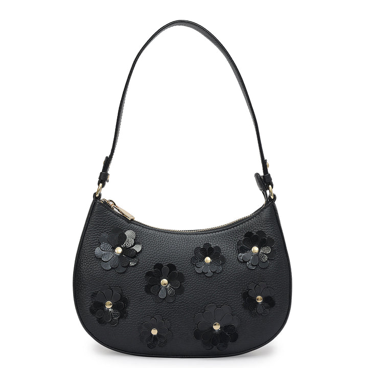 Small Floral Wax Leather Baguette - Black