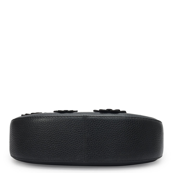 Small Floral Wax Leather Baguette - Black