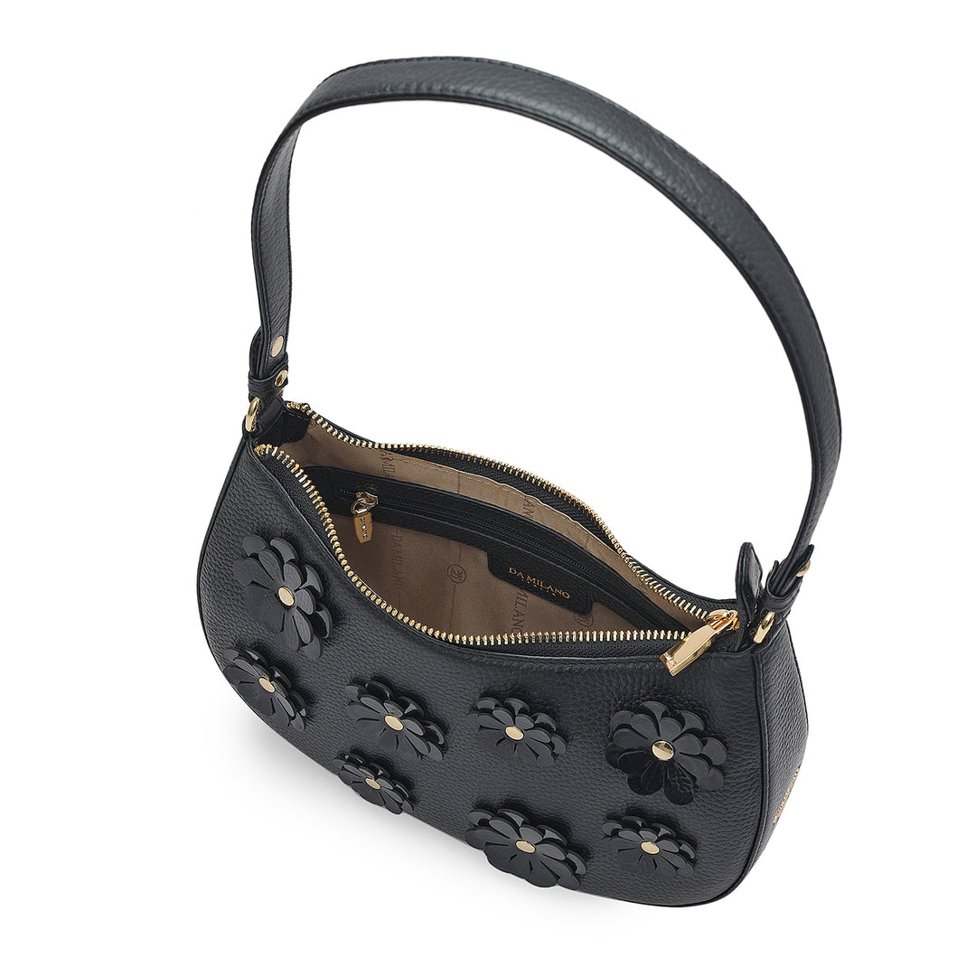 Small Floral Wax Leather Baguette - Black