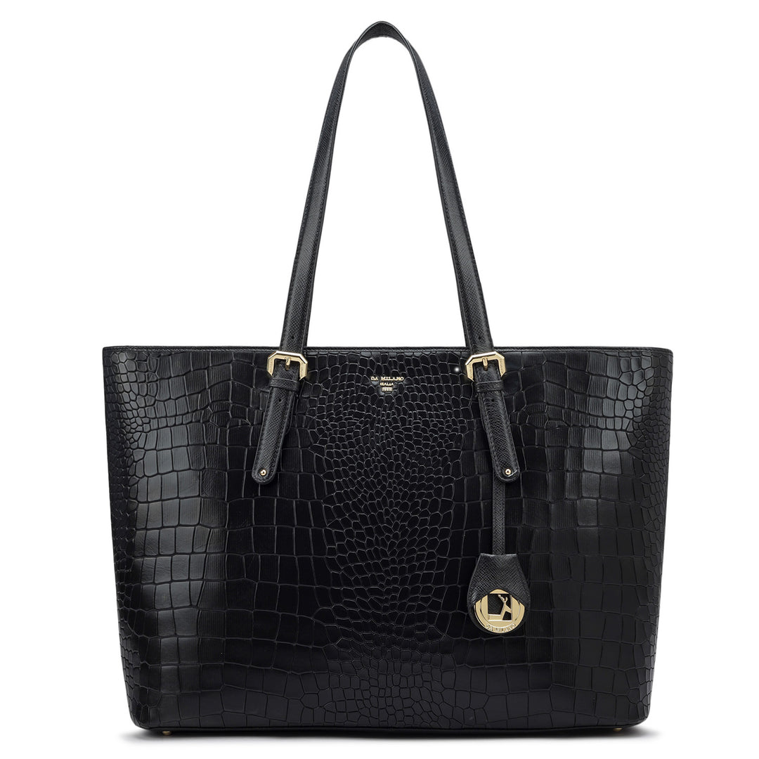 Large Croco Leather Tote - Black